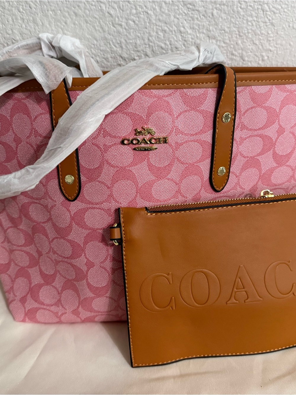 COACH Pink Signature Canvas Tote with Tan Leather PouchNEW